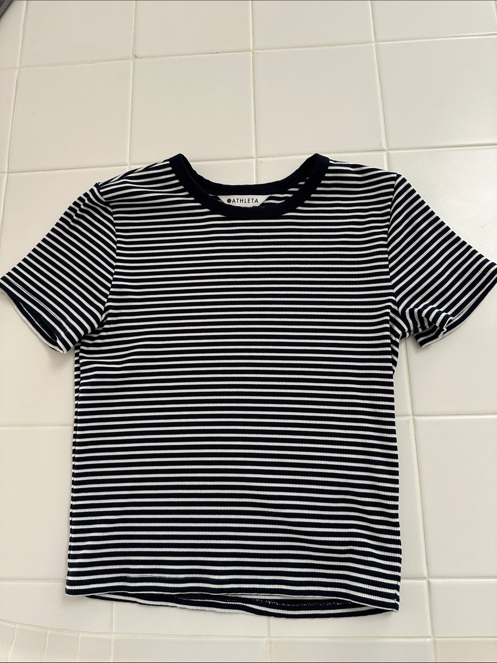 Athleta Signature Ribbed Navyand White Striped Short Sleeve Cropped Tee